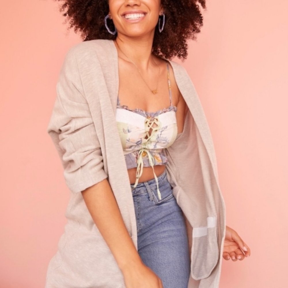 Donni Sandwash Lightweight Rib Gray Neutral Open Layering Slouchy Cardigan